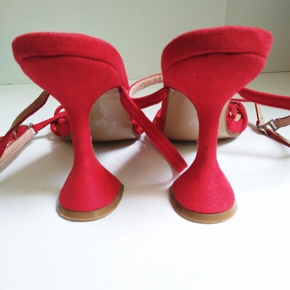 Red  Rhinestone Bow  Square Toe Wrap Around Strappy Sandals Horsehoof Heel Sz 38 - Picture 5 of 9